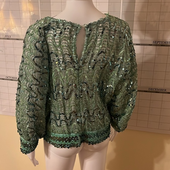 Vintage St. Martin 80s Cropped Top Green Sequin Blouse Bell Sleeve Peek S/M - Picture 6 of 11